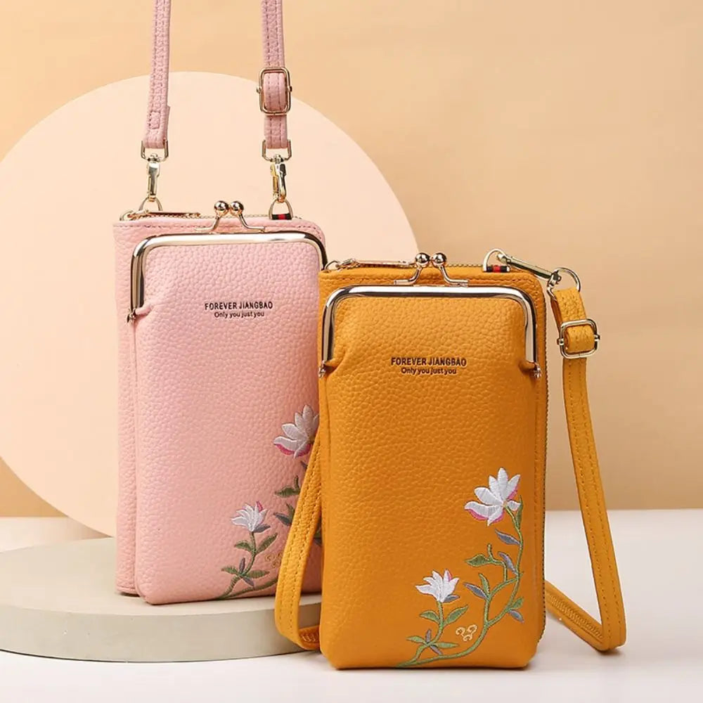 花刺繍スマホポシェット、財布一体型