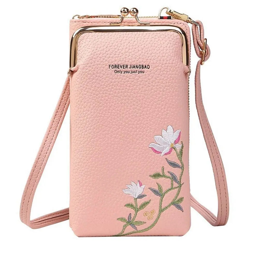 花刺繍スマホポシェット、財布一体型