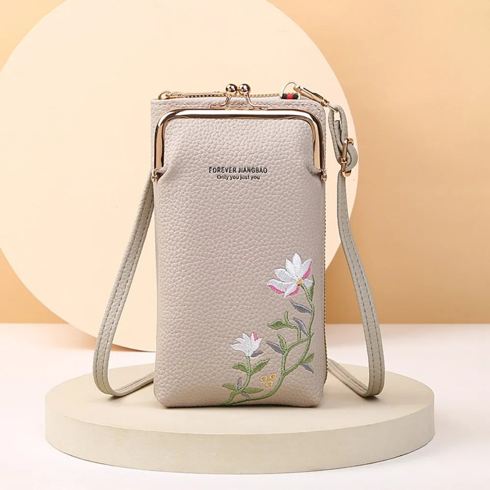 花刺繍スマホポシェット、財布一体型